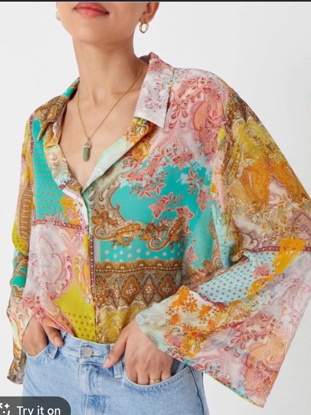 Zara Multicolor Patchwork Paisley Sheer Button-Down Shirt